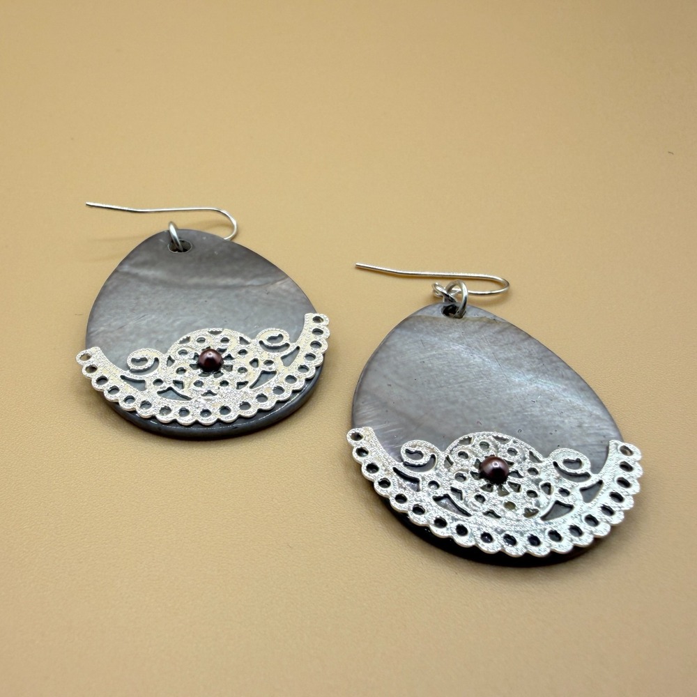 Mother of Pearl Gray Teardrop Earrings Silver Filigree Boho Statement Dangle